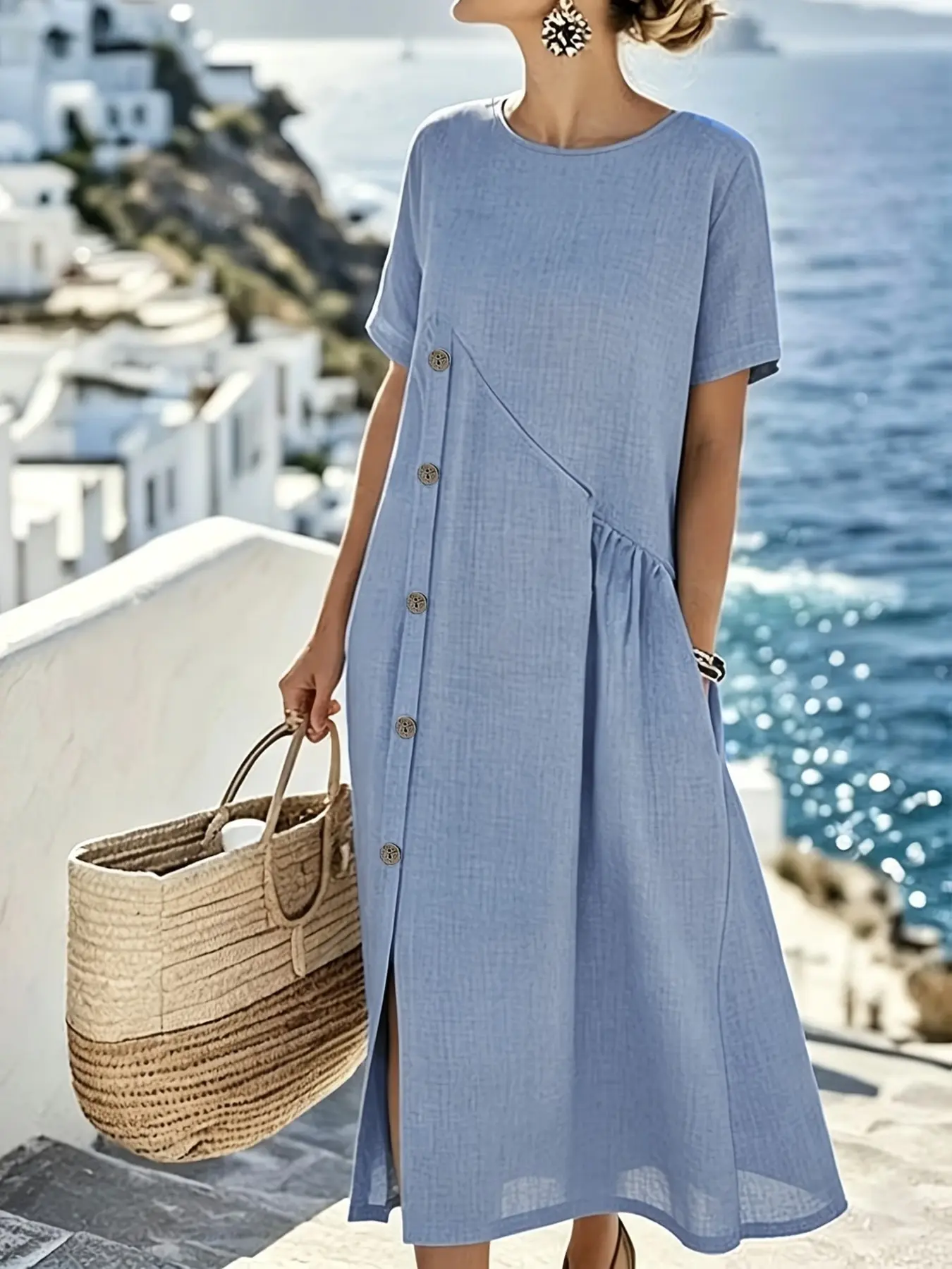 Summer Casual Wear Linen Dress for Women, Short Sleeve Button Split Long Dress, Bohemian Style Vacation Travel Dress, Comfortable and Stylish