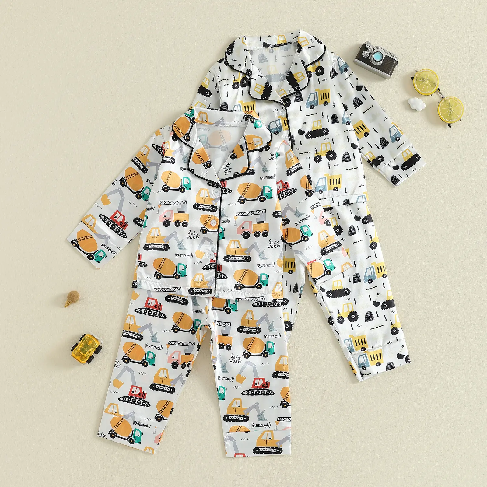 Toddler 2Pcs Fall Pajamas Long Sleeve Contruction Vehicle Print Shirt and Pants Set Baby Loungewear