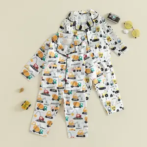 Toddler 2Pcs Fall Pajamas Long Sleeve Contruction Vehicle Print Shirt and Pants Set Baby Loungewear