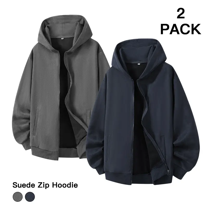 2 Pack Suede Zip Up Hoodies Unisex Vintage Loose Oversized Hooded Jacket Soft Fleece Lined Casual Streetwear Daily Walking Outdoor Hip Hop Plain Zip Hoodie Coat for Men Women