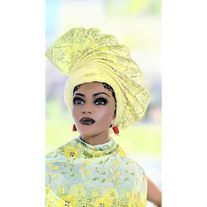 Dupsie's African Fashion Yellowish-Cream Aso Oke Autogele Pre-Tied Head Wrap with Rhinestones & Velcro Fasteners DPAGYCH4 - Hijab Embroidered Scarf Solid Color Turban