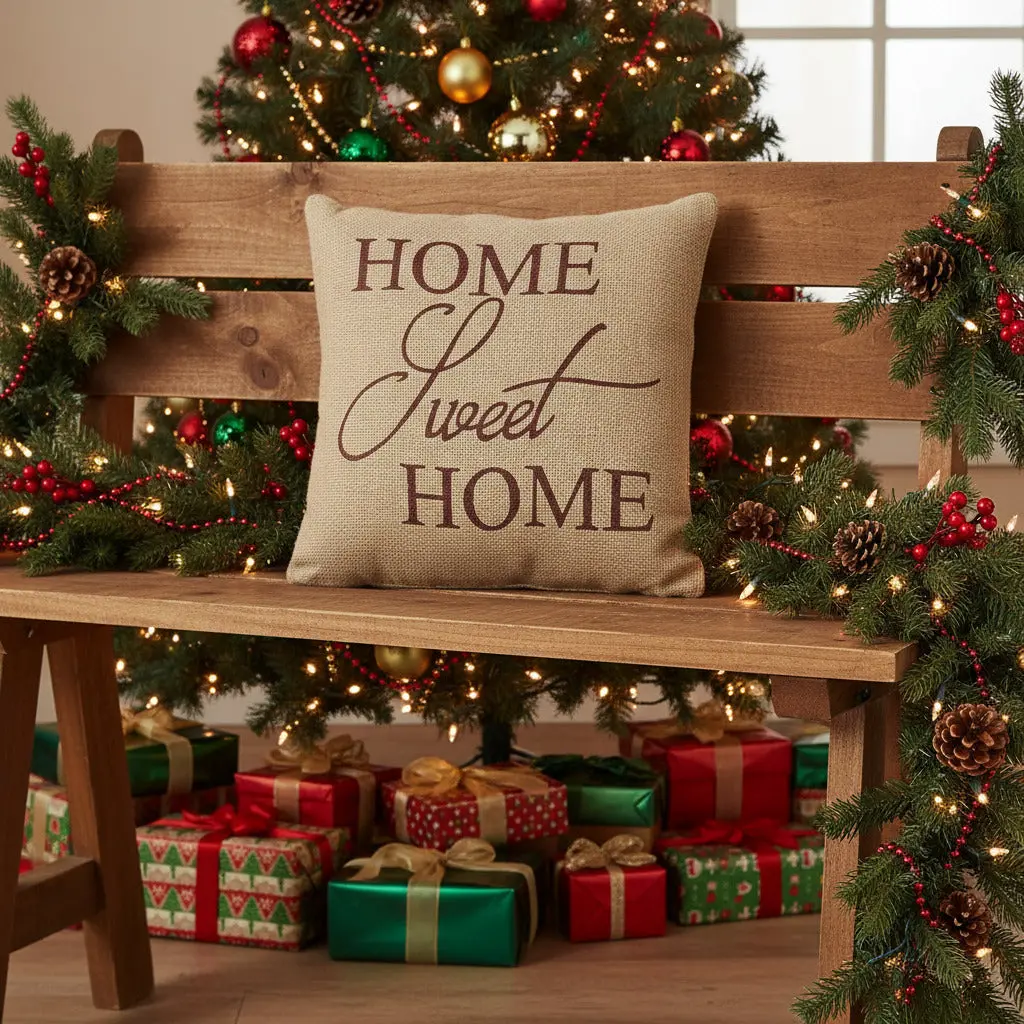 Rustic Home Sweet Home Burlap Pillow, Natural Burlap Cushion with Cotton Shell, Farmhouse Decor Accent Pillow