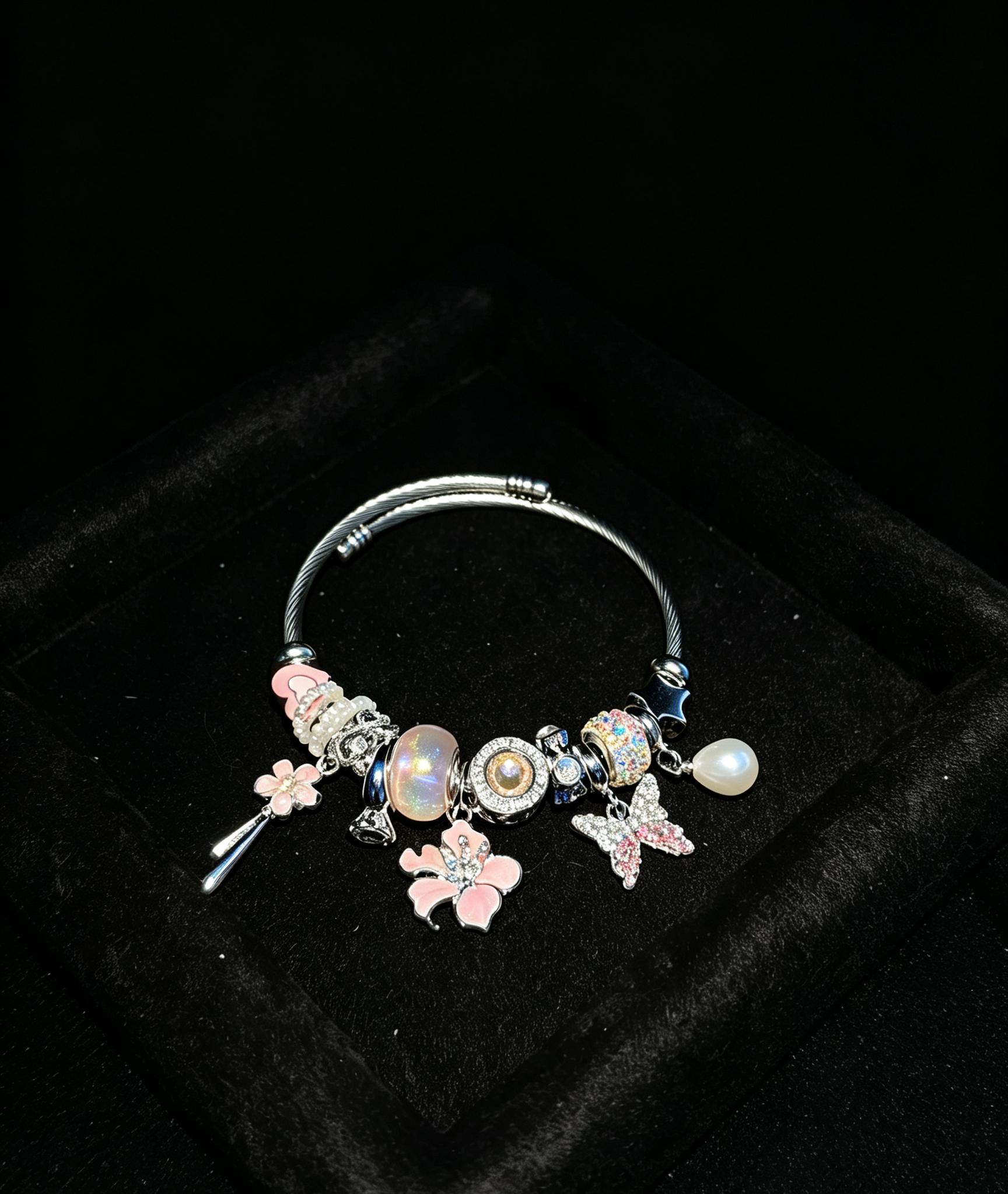 Women's Pink Enamel Charm Open Cuff Bangle Bracelet - Silver-Toned Wire Bangle with Star, Flower, Pearl, Crystal Charms - Sparkling Costume Fashion Jewelry Accessory