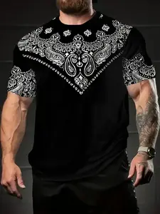 Men's Vintage Style 3D Geometric Print Fitted T-Shirt, Round Neck, Casual Short Sleeve, Paisley Pattern, Polyester