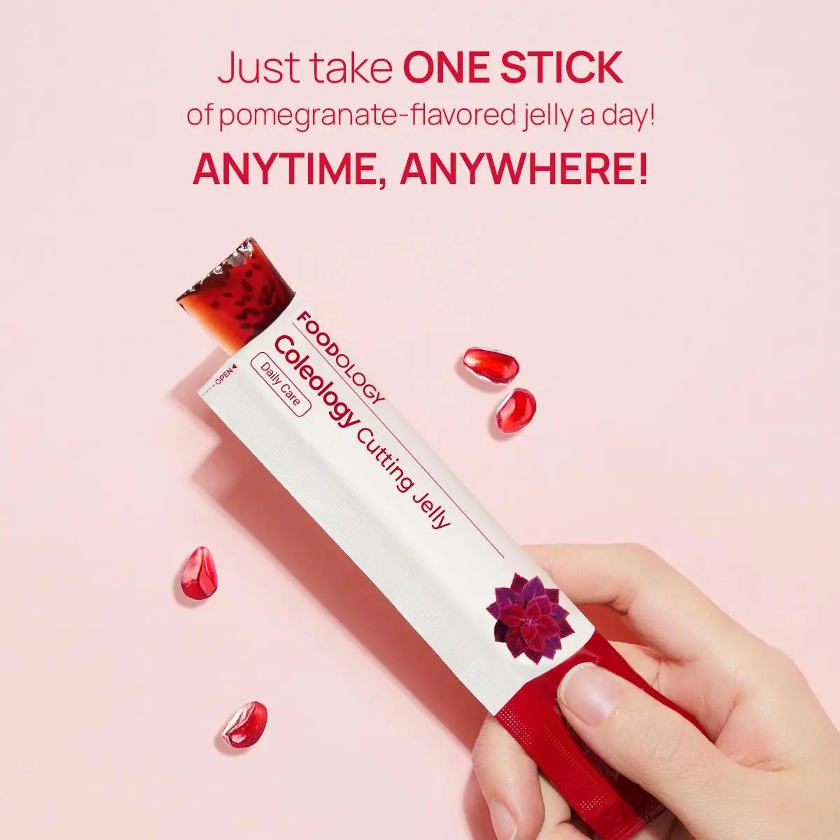 pomegranate jelly stick, chia seed jelly, garcinia cambogia jelly, portable jelly pack, individual jelly sticks, fruit jelly dietary supplement, FOODOLOGY Coleology jelly, daily jelly treat, boxed jelly supplemen