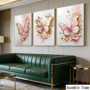 3-Piece Gold Butterfly Canvas Set, Textured Wings, Soft Floral Design, Metal Gold Accents, Ideal for Bedroom Decor