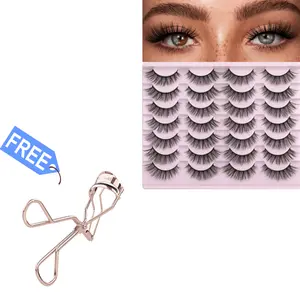 False Eyelashes Faux 3D Mink Lashes Natural Look Fluffy Cat Eye Lashes Pack by Kiromiro, 14 Pairs With Free  Eyelash Curler with Comfort Grip Makeup