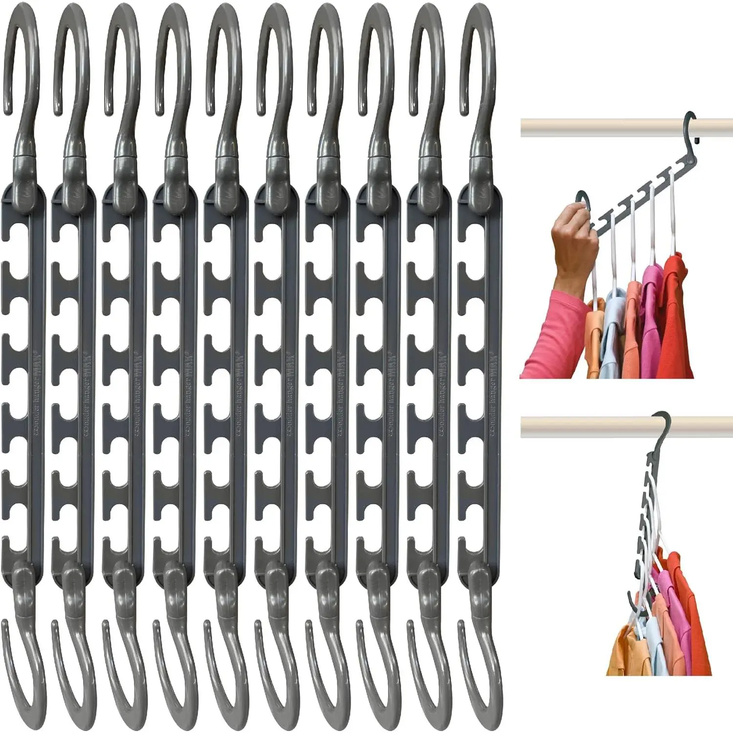 Grey Space-Saving Cascading Hangers (Max 10-Pack), 360° Swiveling Reinforced Hooks, College Dorm & Storage Closet Organizer, Fully Assembled