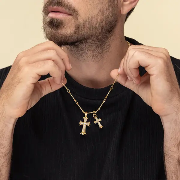 14K Gold Plated Double Cross Pendant Necklace with Cubic Zirconia Dainty Bamboo Link Chain Choker Delicate Faith Jewelry Religious Gifts for Women Men