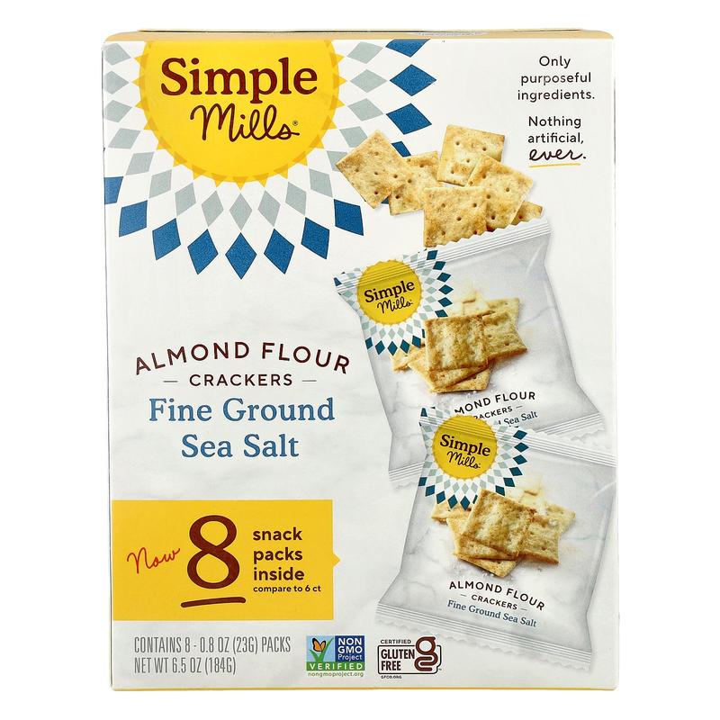 Simple Mills Almond Flour Crackers, Fine Ground Sea Salt, 8 Packs, 0.8 oz (23 g) Each