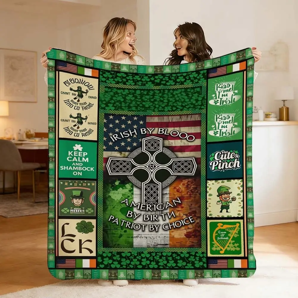 1 Pc Irish-American Themed Blanket for Home & Outdoor Use | St. Patrick's Day Decor | Comfortable Cover for Bedroom, Sofa, Camping | Green Celtic Cross Pattern with Shamrock & Patriotic Text | Portable & Stylish Blanket for Cozy Celebrations
