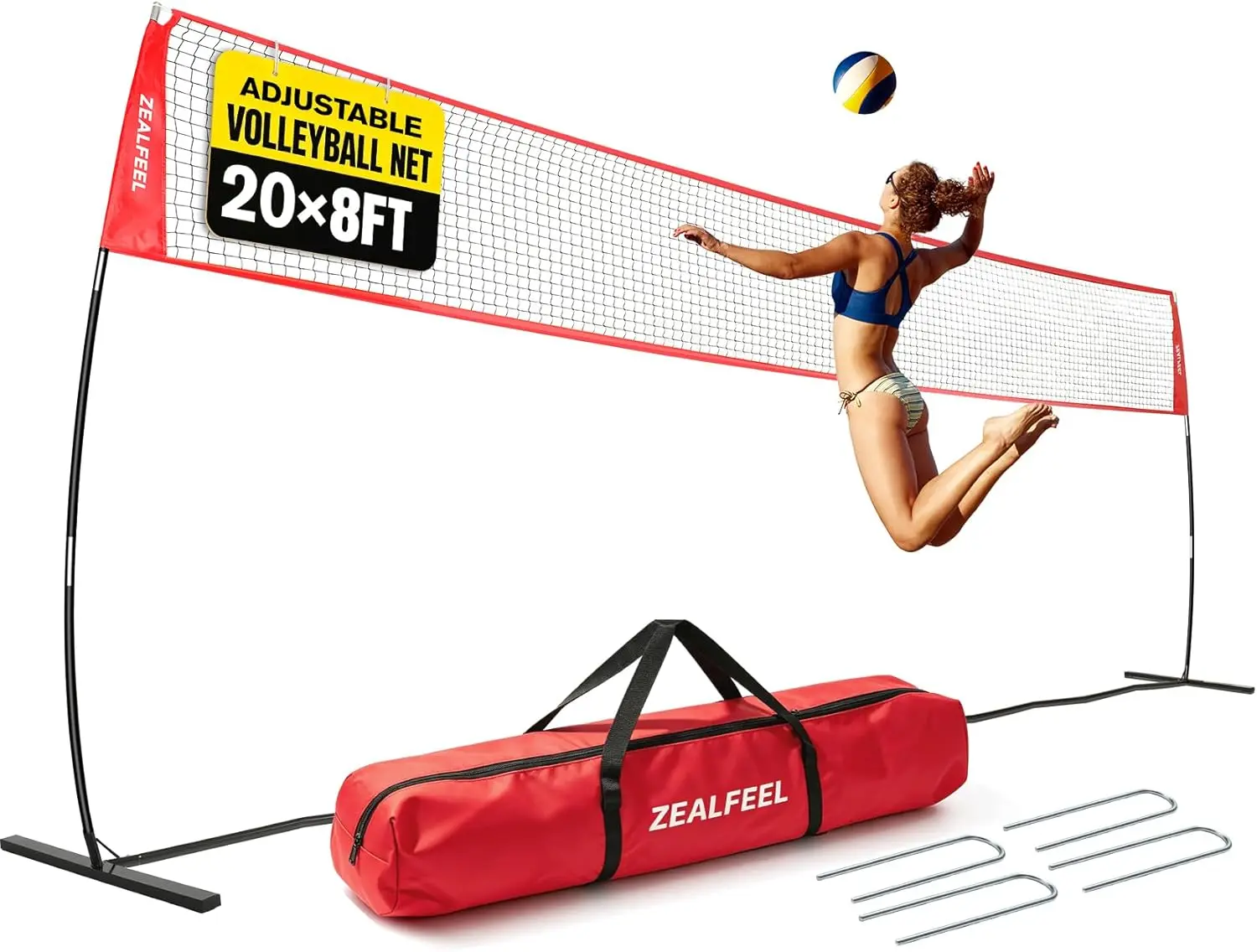 ZEALFEEL Volleyball Net, 12ft/20ft Volleyball Training Net for Backyard Height Adjustable, Portable Freestanding Practice Net for Hitting & Serving Drills, Pop up Net with Carry Bag for Indoor Outdoor