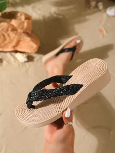Black Woven Thick Sole Flip Flops | Braid Strap Beige Straw Base | Beach Vacation/Daily Casual Wear | Comfortable Heightening Non-slip Sandals | Boho Casual Sandals | Flip Flop Slides