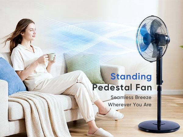 Pedestal Fan with Remote for Bedroom, Living Room, Office, Adjustable Height, 3 Speeds, 3 Modes, Timer, Tilt Head