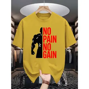 Men's Stretch Short-Sleeve T-Shirt - "No Pain No Gain" Printed Round Neck Casual Versatile Top for Teenagers, Summer-Spring Sports & Outdoor Bottoming Shirt, Shortsleeve