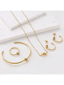 Gold Tone Knot Jewelry Set for Women, 4Pcs Dainty Love Knot Charm Necklace Cuff Bracelet Hoop Earrings Set, Elegant Stainless Steel Everyday Jewelry
