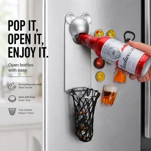Magnetic Beer Bottle Opener for Fridge, Heavy Duty Stainless Steel Wall Mount Opener with Cap Catcher Net, Strong Magnet, Easy Pry-Off & Twist-Off, Perfect Gift for Dad, Father’s Day