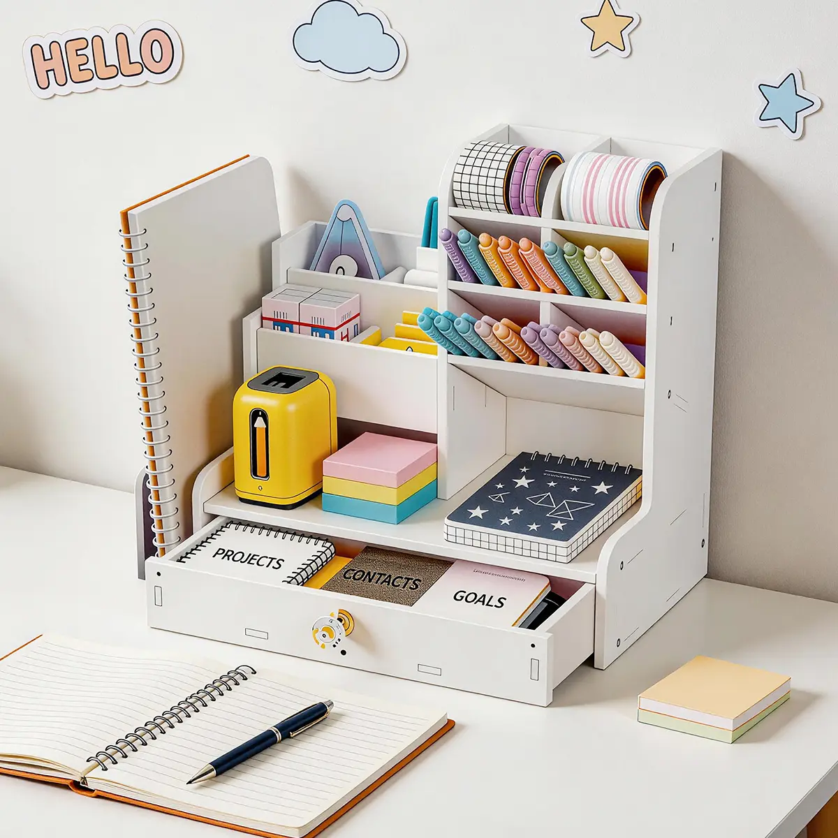 Large Capacity Desk Organizer, Multifunctional Stationery Storage Box, White Desk Pen Holder with Drawer, for Stationery, Office, Home, School