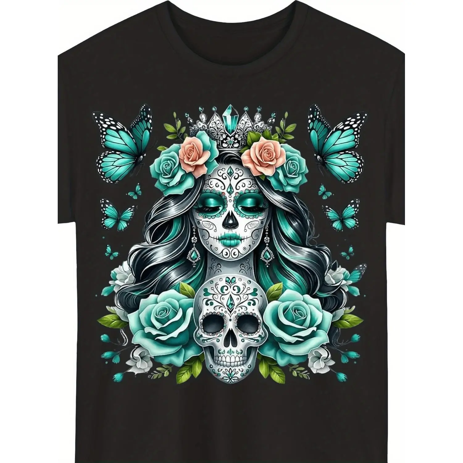Men's Day of the Dead La Catrina Sugar Skull Cotton T-shirt, Round Neck Shortsleeve Streetwear Top, Durable Machine-Washable Casual Clothes with La Calavera Catrina Print