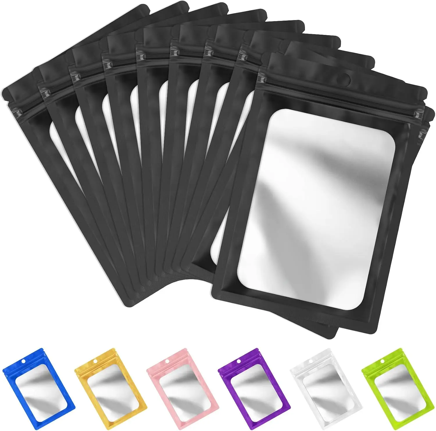 100 Pack Mylar Resealable Bags Foil Packaging Bags with Frosted Clear Window, Zipper Bag Smell Proof Pouch for Food Storage, Cookies, Sample, Small Business(Black, 2.4x3.9inch)