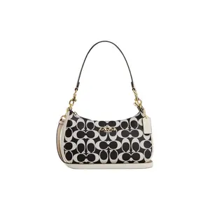COACH Teri 24 Medium Women's Shoulder Bag with Classic Monogram and Leather Accents Coated Canvas Crossbody Gold Casual Bag