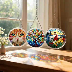 Round Acrylic Suncatcher Stained Glass Style Window Hanging Ornament, Cat Tree Jesus Pattern Wall Art Decor with Chain, Home Garden Patio Holiday Gift