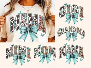 Personalized Mama Nana Mimi Gigi T-Shirt, Cow Print Leopard Patchwork Bow Tee, Western Grandma T-Shirt, Turquoise Coquette Mom T-Shirt, Mother’s Day Gift, Cute Family Name Top
