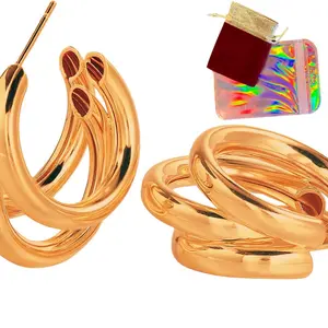 Triple Hoops 14K Gold Plated Chunky Fashion Earrings for Women and Teen Girls