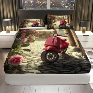 3Pcs Vintage Scooter Rose Street Fitted Sheet Three Piece Set (1*Fitted Sheet+2*Pillowcases, Coreless), Travel theme, Retro Floral Bedding Set, Mattress protector Soft, Breathable