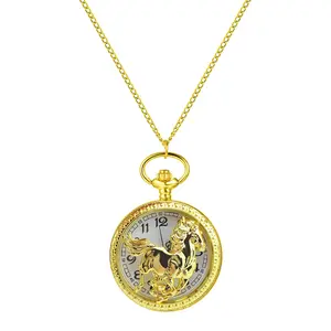 OIDEA Horse Hollow Pocket Watch Necklace, Pocket Watches with Arabic Numeral Dial, for Casual Wear