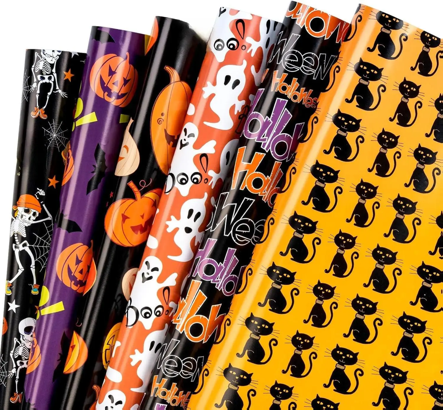 Wrapping Paper Sheet - Pumpkin and Black Cat Design, Perfect for Halloween, Holiday, Party - 1 Roll Contains 6 Sheets - 17.5 inch X 30 inch Per Sheet