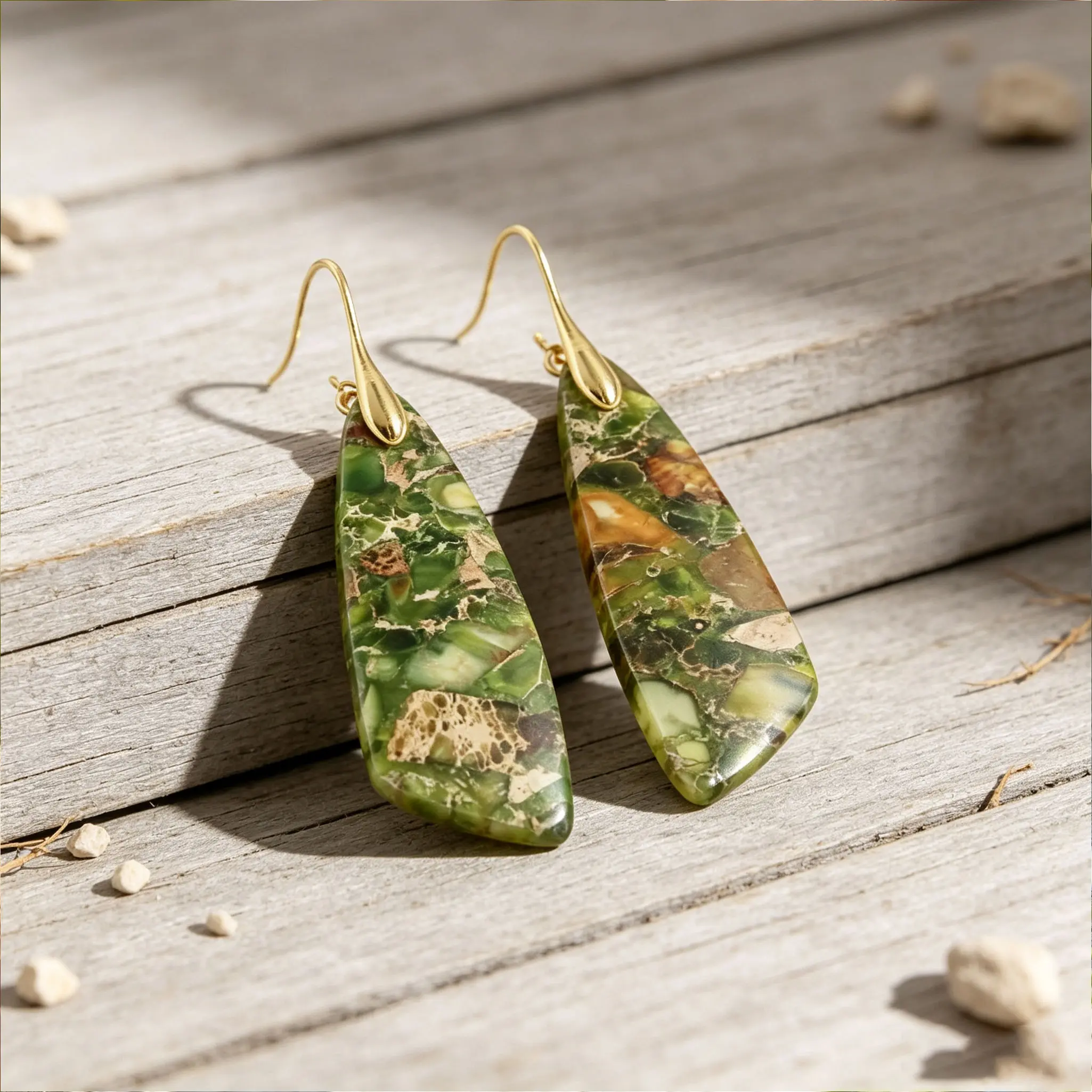 Natural Green Sea Sediment Jasper Dangle Earrings, Healing Energy Stone Drop Earrings for Inner Peace, Boho Meditation Spiritual Jewelry Gift