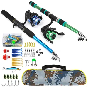 Glass Fiber Fishing Rod Set, 2-Piece Retractable Sea Pole Combo with Reel, Lures Hooks Accessories, Camo Storage Bag, Freshwater Saltwater Use, Telescopic Fishing Rod