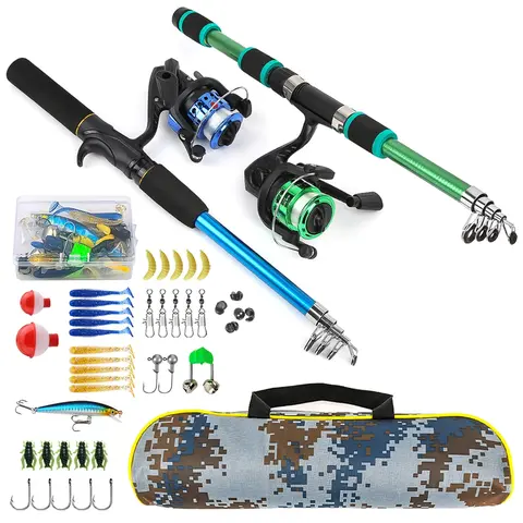 Glass Fiber Fishing Rod Set, 2-Piece Retractable Sea Pole Combo with Reel, Lures Hooks Accessories, Camo Storage Bag, Freshwater Saltwater Use, Telescopic Fishing Rod, Fishing Stuff