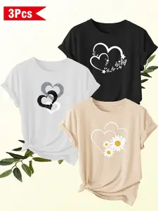 Women's 3-Pack Heart Print Round Neck Short Sleeve Tops, Soft Breathable Fabric, Casual Elegant T-Shirts for Spring Summer, Comfortable Fit, Fashion Essential