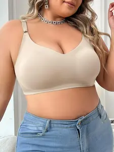 Plus Size Solid Adjustable Strap Wireless Push Up Bra, Casual Comfortable Breathable Lingerie Top for Daily Wear, Women's Plus Size Underwear for All Seasons