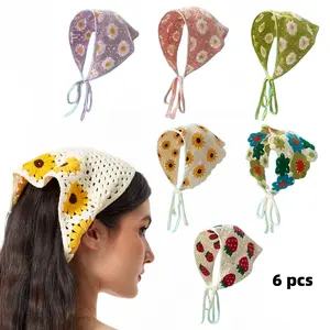 6 Pcs Colorful Crochet Bandanas,Crochet Head Scarf Bandanas Knitted Hair Scarf Floral Bandana Headbands Hair Accessories for Women Girls