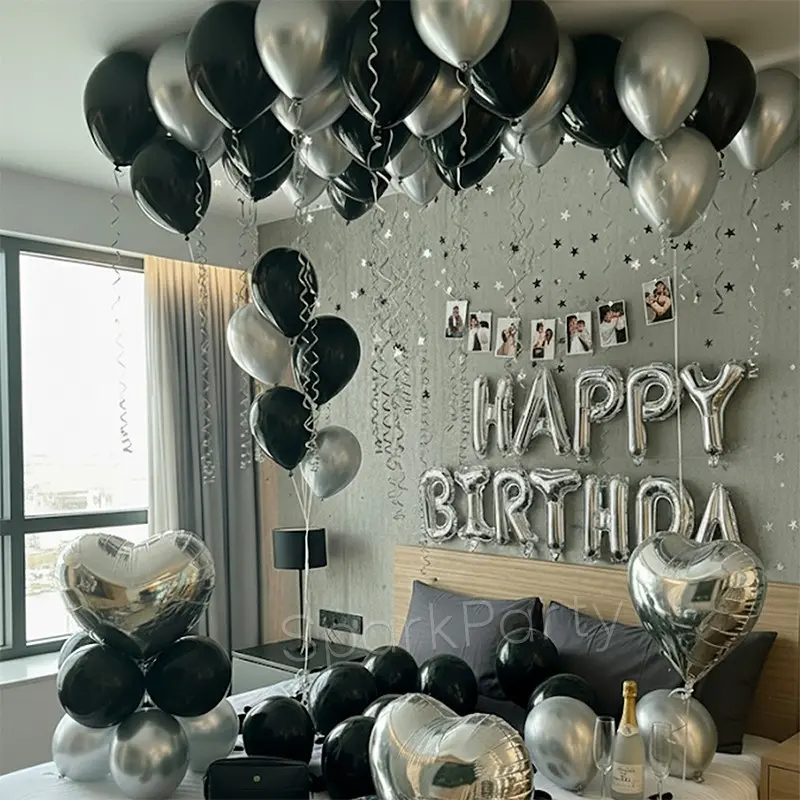46pcs Silver Decorative Foil Balloons Set, Balloon Decorations Kit, Balloon Party Supplies, 16 Inch Happy Birthday Banner, 18 Inch Heart Shaped Balloon, Perfect for Men Boys Birthdays