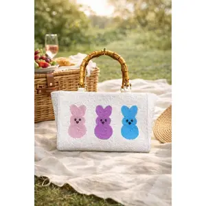 Hand Beaded Peeps Bag with Bamboo Handle | Pink Purple Blue Spring Easter Purse | Nostalgic Statement Tote IArtisan Made Statement Handbag | Max & Margaux Exclusive