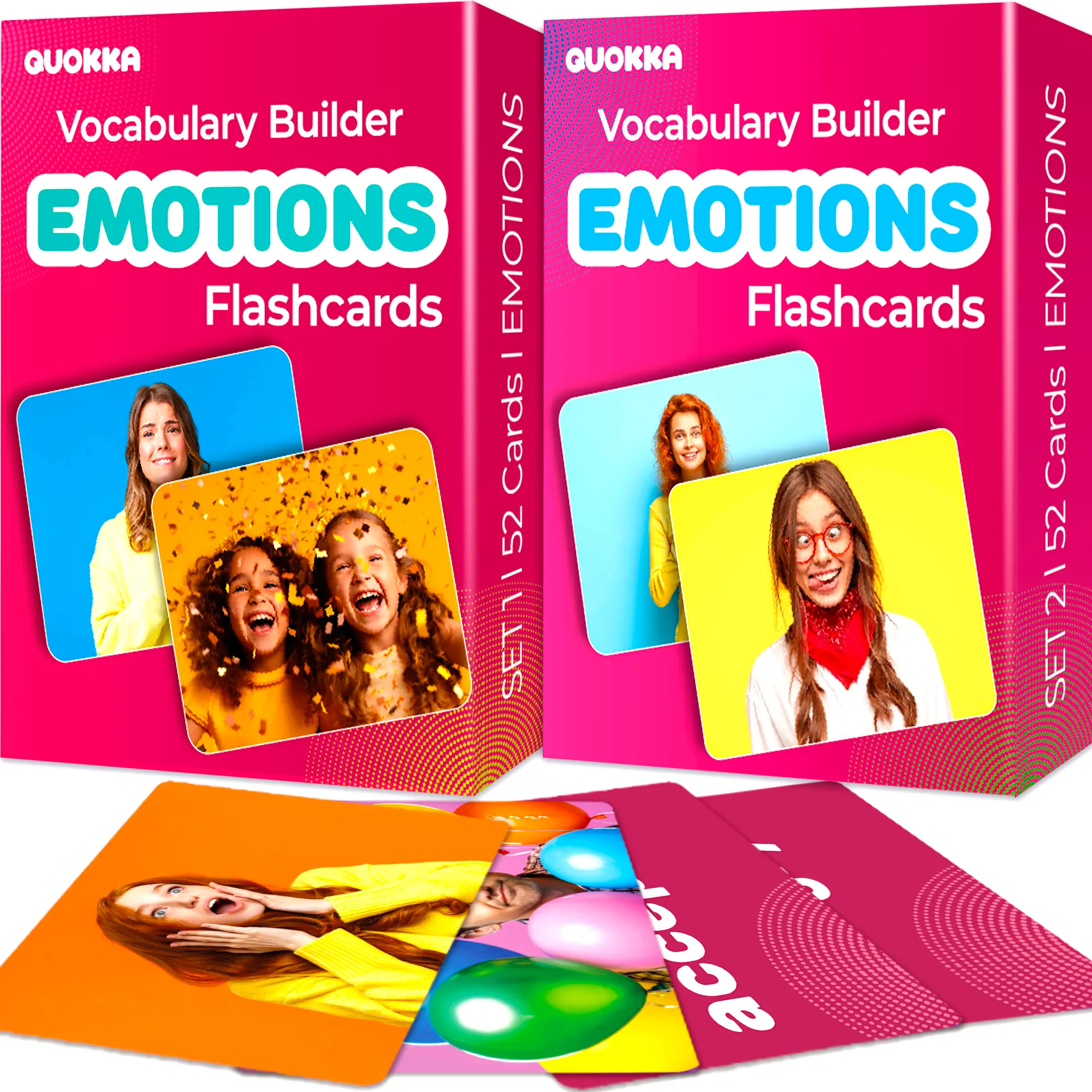 QUOKKA 104 Emotions Flash Cards Set - English Word Cards, Speech Therapy Tool with Real-Life Photos, Bold Font Words, Ages 5+ Vocabulary Improvement Educational Toy