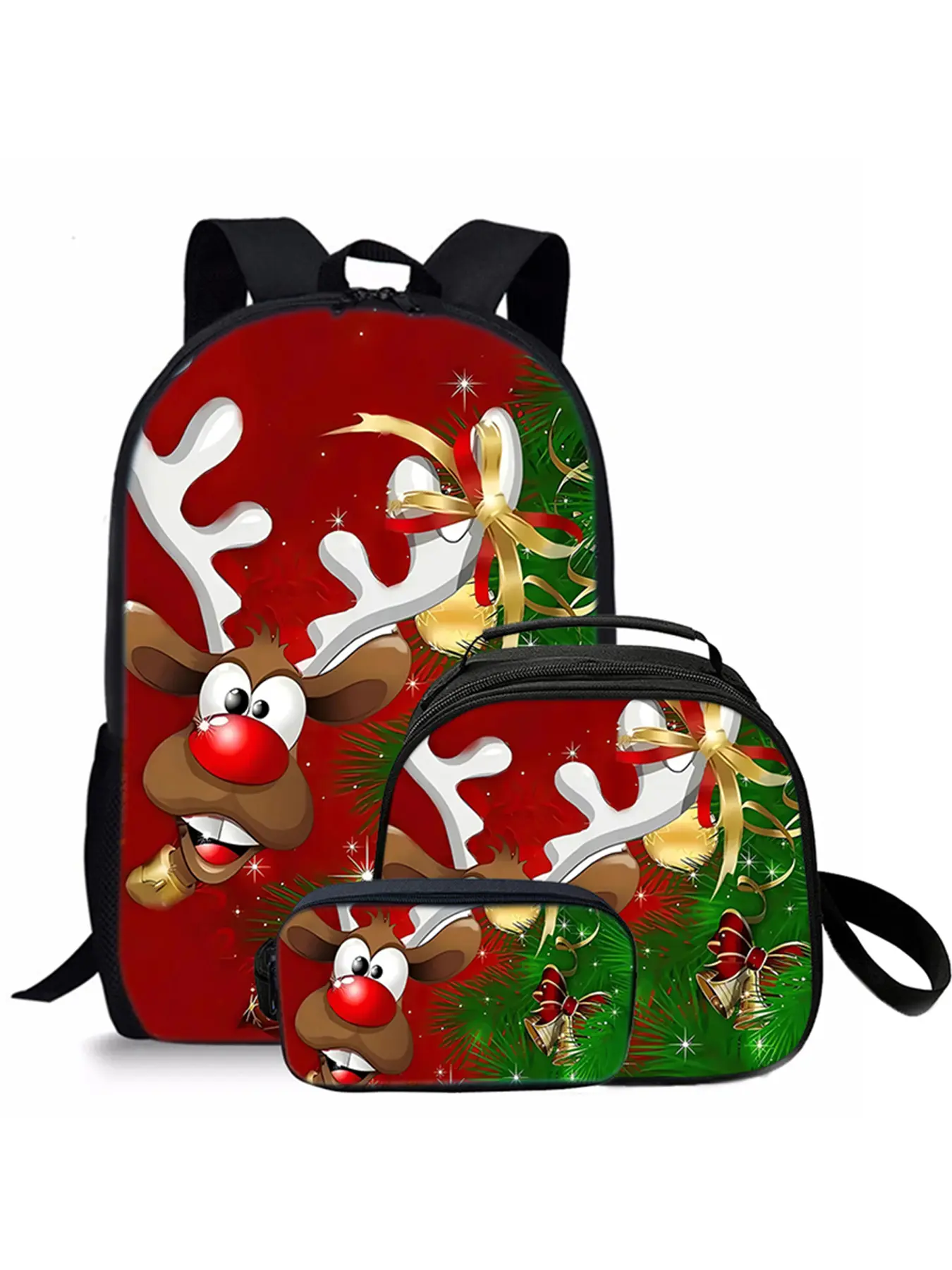Christmas Elk Pattern Printed 17-inch Backpack Three-piece Set (Single-layer Backpack + shoulder strap round lunch bag + single-layer pencil bag)
