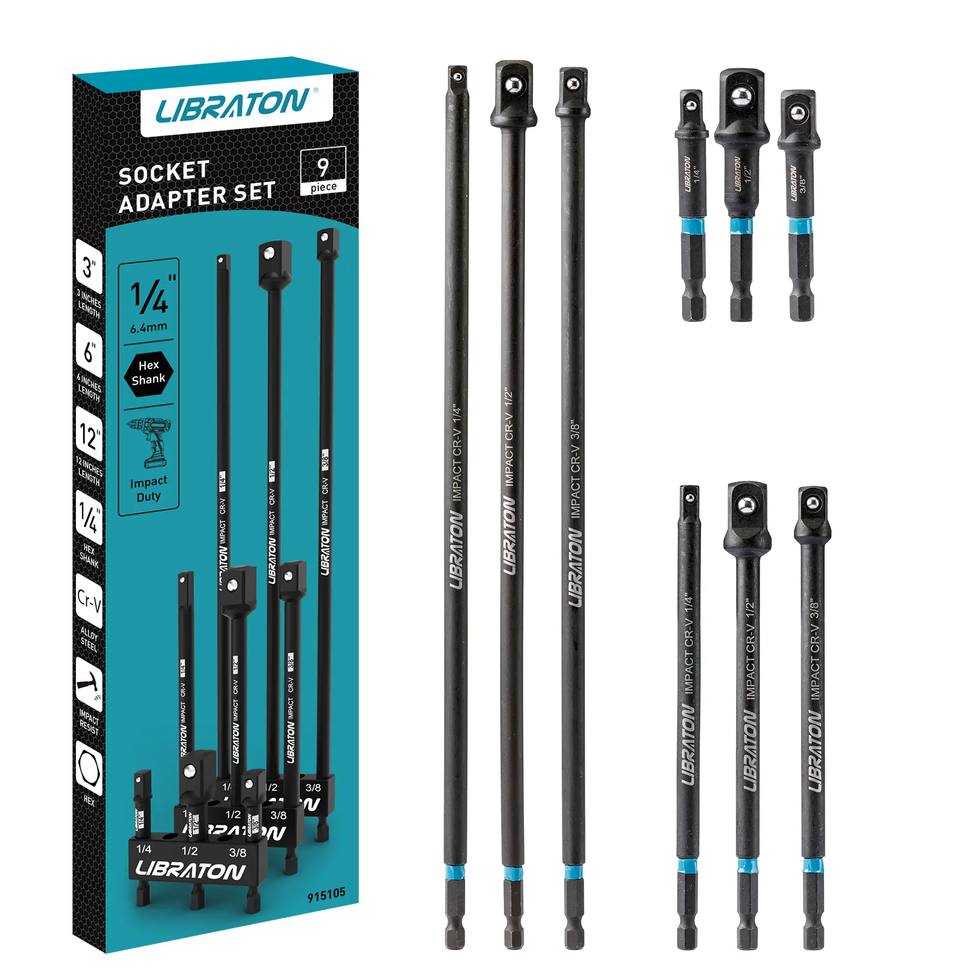 Libraton Impact Grade Socket Adapter Set, 3" 6" 12", Drill Socket Adapter, Socket Driver Adapter, Drill Socket Adapter Extension, Adapter Power Drill to Torque Impact Wrench