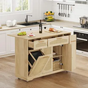 Garvee Rolling Kitchen Island Table on Wheels with Drop Leaf, Tilt-Out Cabinet, Storage, Drawer, Spice Rack, and Kitchen Cart - 53.1" Wide, Natural Finish