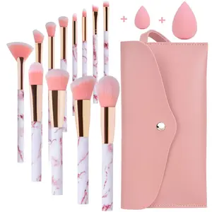 Makeup Brushes Professional 12Pcs Pink Marble Makeup Brush Set with Foundation Concealer Blush Eyeshadow Make Up Brushes Beauty Blender and Make Up Bag