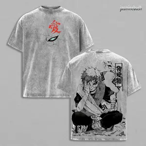 Gaara Naruto Anime Double Printed Vintage Washed Tee Unisex Oversize Heavyweight Cotton T-shirt Retro Manga Graphic Clothes Gift for Anime Fan