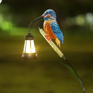 Solar Kingfisher Bird Lantern Light, Waterproof LED Solar Powered, Warm Decorative Pathway Light, Outdoor Garden Stake Light