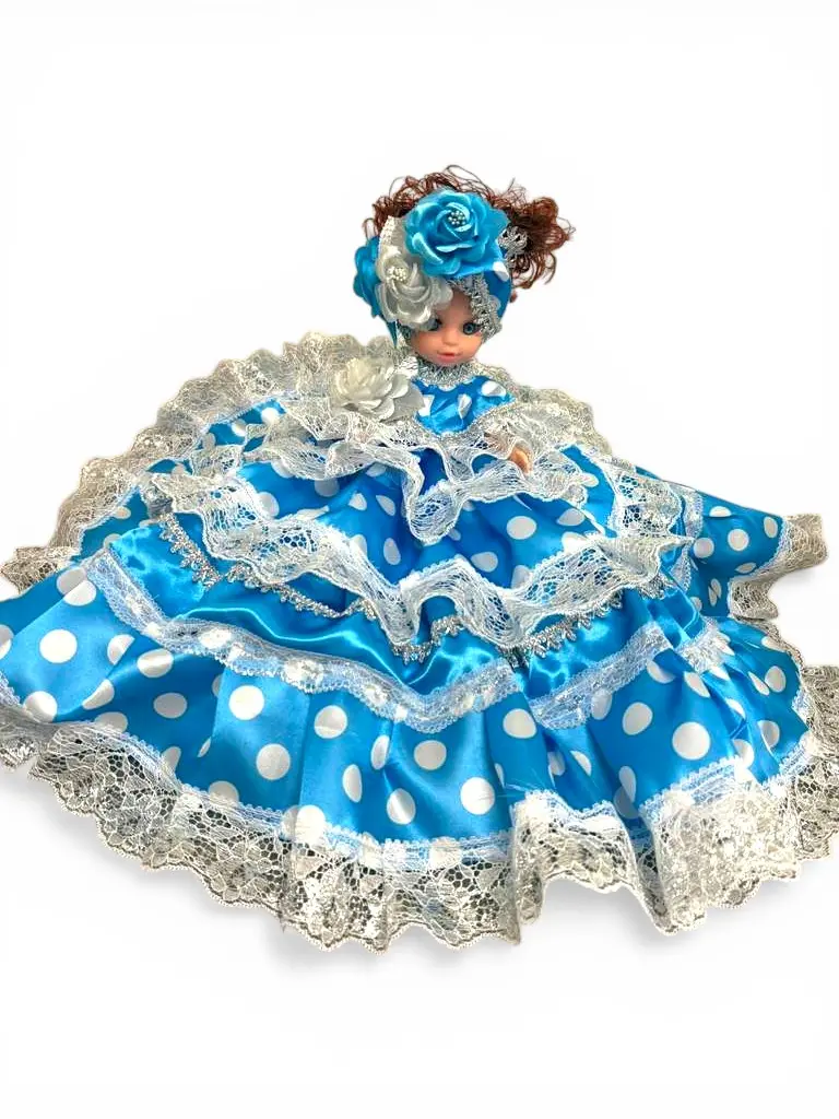 Traditional Handcrafted Gitana Spiritual Doll - Santeria Yoruba Polka Dot Dress Doll, Blue and White Religious Altar Decor, Spiritual Gift