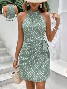 Women's Summer Daily Vacation Polka Dot Tie Design Halter Neck Sleeveless Dress Home Outdoor City Slim Trend Casual Chic Elegant Youth Simple Versatile Texture Temperament Natural Literary Art