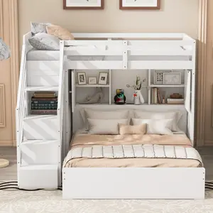 [Bellemave] Twin Over Full Bunk Bed| Storage Stairs & Wardrobe| USB Port & Built-in Lighting| Open Shelves| Safety Guardrail| Wood Frame