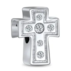 Simple Sparkling CZ Cross Charm Bead Communion Weddings Sterling Silver Bracelet